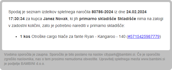 E-mail opomnik Bambini trgovinici o prenosu zaloge